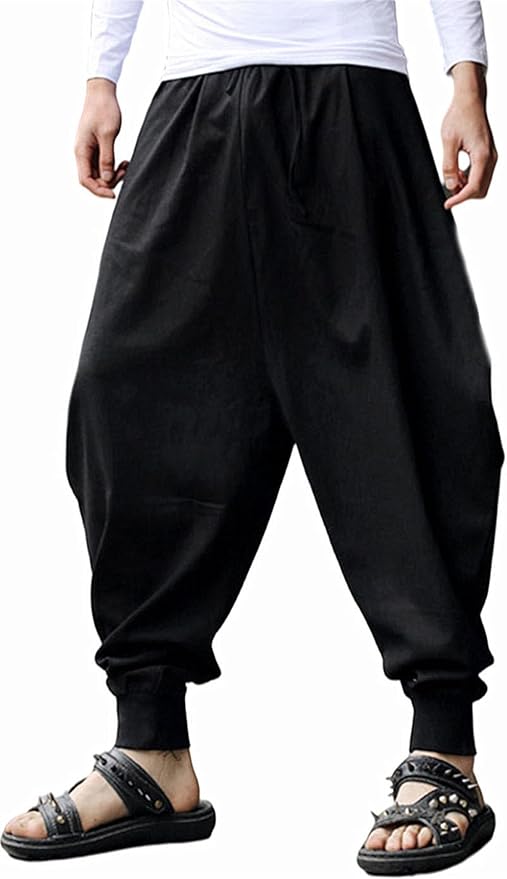 AITFINEISM Men's Drawstring Aladdin Hippie Harem Pants Loose Drop Crotch Trousers