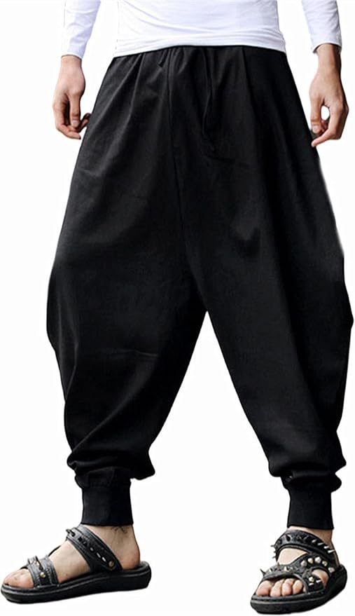 AITFINEISM Men's Drawstring Aladdin Hippie Harem Pants Loose Drop Crotch Trousers