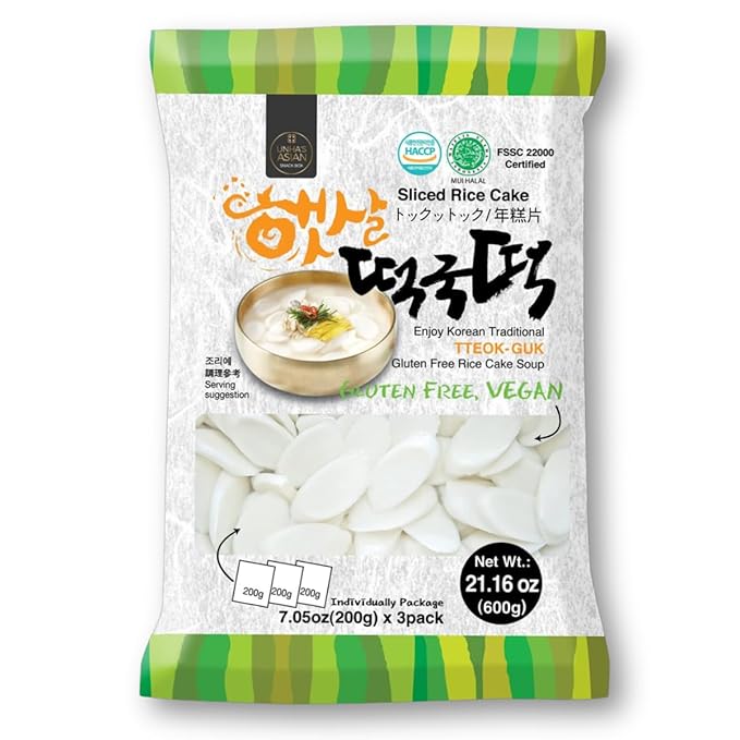 Korean Sliced Rice Cakes – Chewy Tteok for Tteokbokki and Tteokguk, Vegan, Gluten-Free, Non-GMO, 21.16 oz (3 x 7.05 oz Bags), 1 Pack