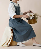 Pinafore Apron Dress，Japanese Cotton Linen Cross Back Apron for Women with Pockets，Pinafore Dress with Waist Ties (Turquoise Blue)