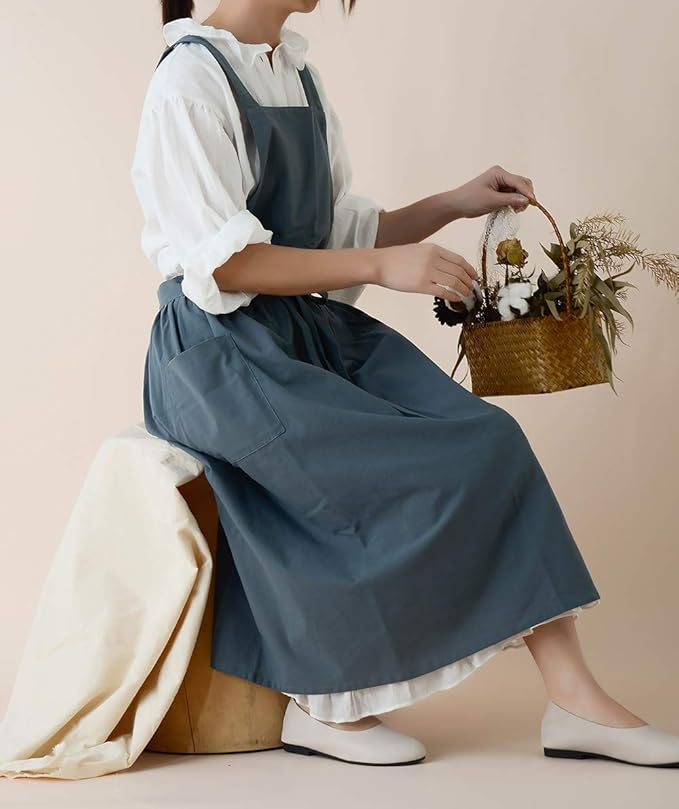 Pinafore Apron Dress，Japanese Cotton Linen Cross Back Apron for Women with Pockets，Pinafore Dress with Waist Ties (Turquoise Blue)