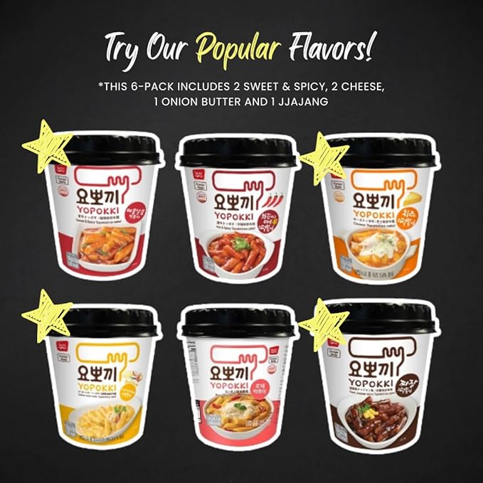 Yopokki Instant Tteokbokki Assorted Cup (Spicy 2, Cheese 2, Onion 1, Jjajang 1, Set of 6) - Korean Street Food with Sweet and Moderately Spicy Sauce, Quick & Easy to Prepare