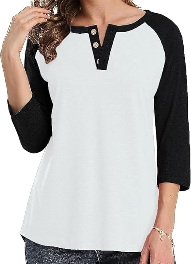 3/4 Sleeve Shirts for Women Crewneck Button Down Tunic Tops Raglan T Shirt