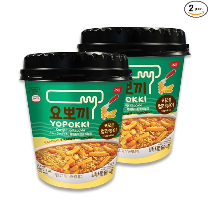 Yopokki Instant Rabokki Cup (Curry, 2 Cups) Korean Street food with Spicy curry taste sauce Ramen Noodle Topokki Rice Cake - Quick & Easy to Prepare