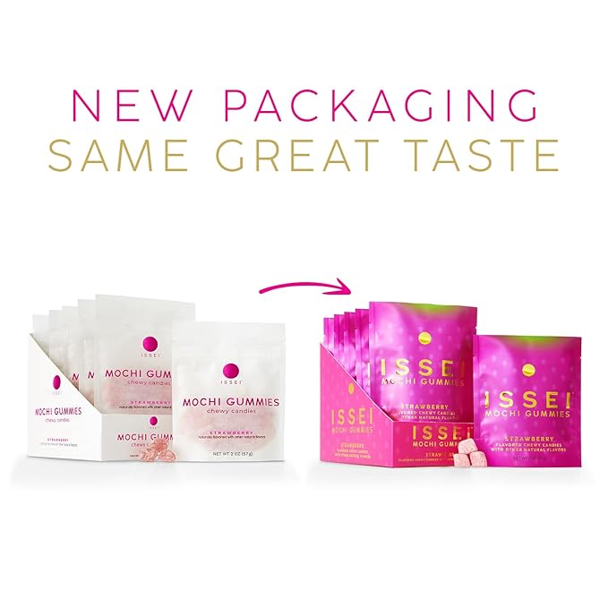 ISSEI Strawberry Mochi Gummies | Dye-Free Candy | Gluten-Free | Real Sugar, No Artificial Flavors or Colors | Award-Winning Japanese Candy | 2 Oz 6-Pack