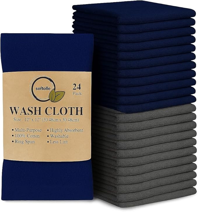 Softolle 100% Cotton Washcloths 24 Pack (12x12 Inches) Soft, Highly Absorbent Washcloth, Face Towels, Wash Cloths for Face, Ring Spun, Bulk Pack (Navy Blue/Grey)