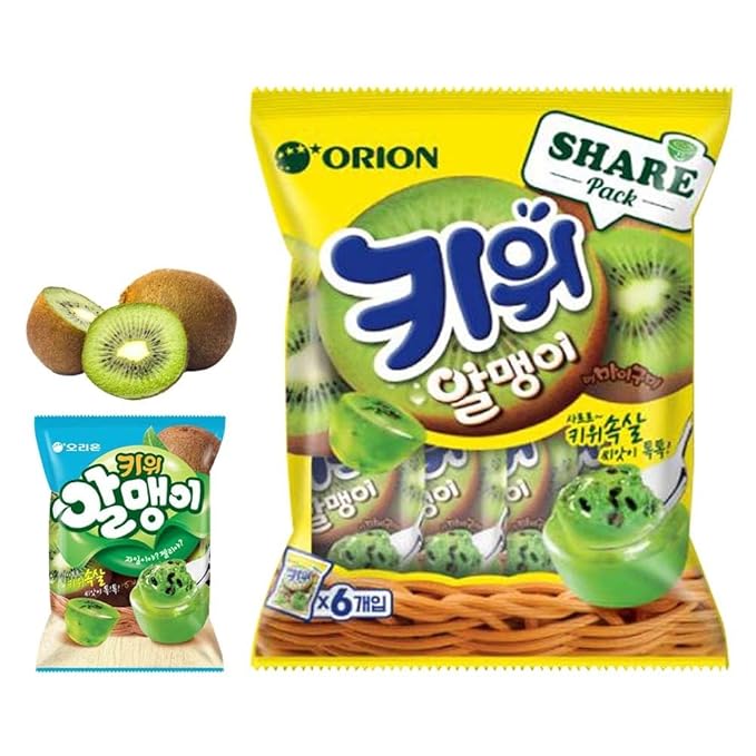 Korean Fruit Jelly Candy – Assorted Chewy Gummy Snacks – 5 Fruity Flavors (Grape, Plum, Lychee, Kiwi, Mango) – Individually Wrapped – Perfect for Kids & Adults – 알맹이젤리 (Kiwi–1.26oz(36g) × 6pack)
