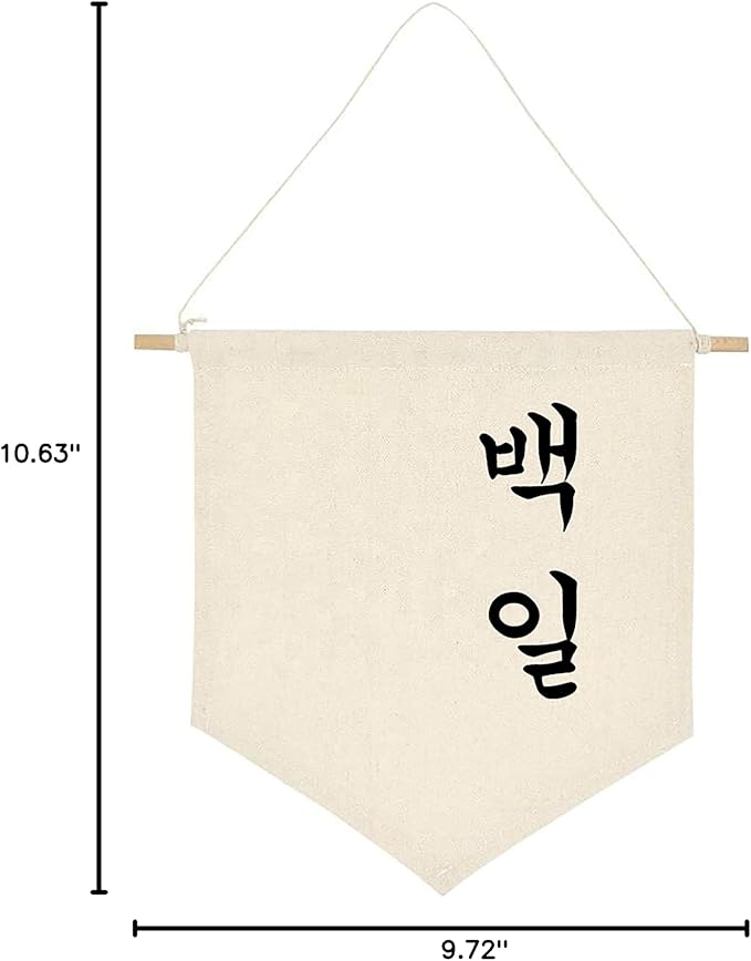 ARI MES - Wall Hanging Canvas Flag Banner for 100 Days Celebration, Korean Dohl Baby Decor, 100 Days Banner for Baby Room, 100 Day Korean Decorations, 100th Day Decorations for Baby, Korean-Classic