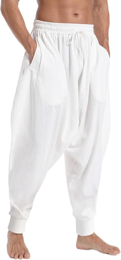 AITFINEISM Men's Drawstring Aladdin Hippie Harem Pants Loose Drop Crotch Trousers