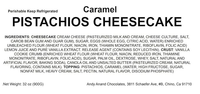 Andy Anand Caramel Pistachio Cheesecake 9" | Freshly Baked with Real California Cream Cheese, No Chemicals | All-Natural, Delicious & Decadent Dessert (2 lbs)