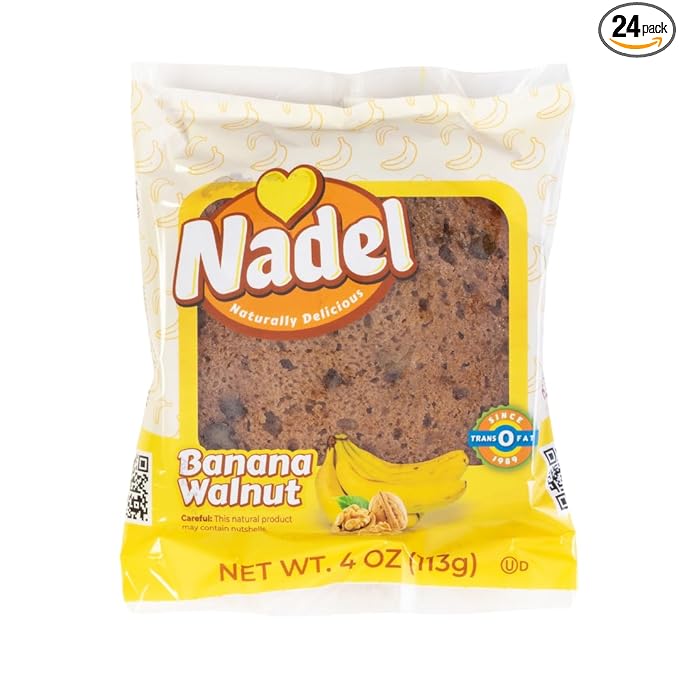 Nadel - Naturally Delicious Banana Nut bread, 24 Pack, Fresh Bananas, Crunchy Walnuts, Lunch snack breakfast bars Natural fresh brand, Cake Slices