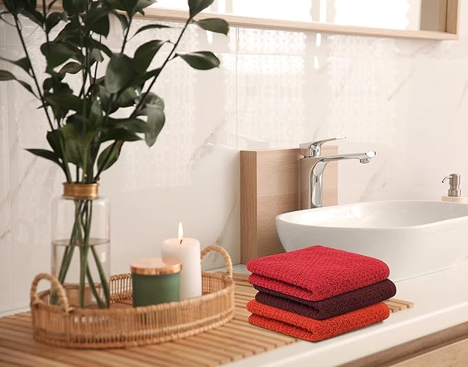 16 Pack Cotton Washcloths for Body and Face, 12x12 Inches, Pack of 16, Multipurpose and Lightweight Wash Clothes for Face. Highly Absorbent - Travel and Bath Towel (Red Family)