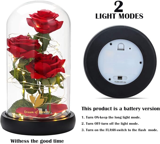 Beauty and The Beast Rose,Eternal Flower with 40 LED Lights Up in Glass Dome,Gifts for Mom,Birthday Gifts for Women,Wife,Girlfriend,Graduation,Anniversary,Christmas,Mothers Day-Classic Red Rose