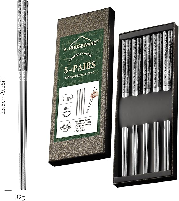5 Pairs Dragon Chopsticks Set Black Stainless Steel 316 Kitchen Dinning Utensils Reusable Japanese Korean Chinese Dishwasher Safe Non-Slip Chop Sticks Tableware Gift 9.26"
