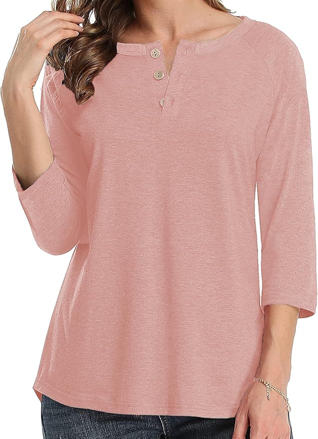 3/4 Sleeve Shirts for Women Crewneck Button Down Tunic Tops Raglan T Shirt