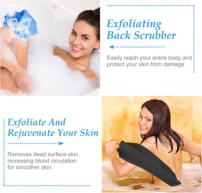Moukeren Exfoliating Back Scrubber with Handles 4 Pack Nylon Back Exfoliator Extended Length Washers Scrubbers Stretchable Pull Strap Exfoliating Washcloth(Gray, Deep Blue)