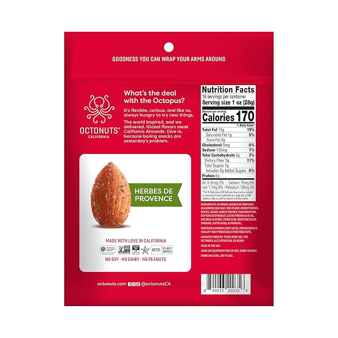 Octonuts Herbes de Provence Almonds 16oz – Dry Roasted California Nuts – French-Inspired Savory Blend – Keto & Paleo Friendly Snack with 6g Protein, 3g Fiber – Low Carb, Gluten-Free, Non-GMO – Resealable Bag