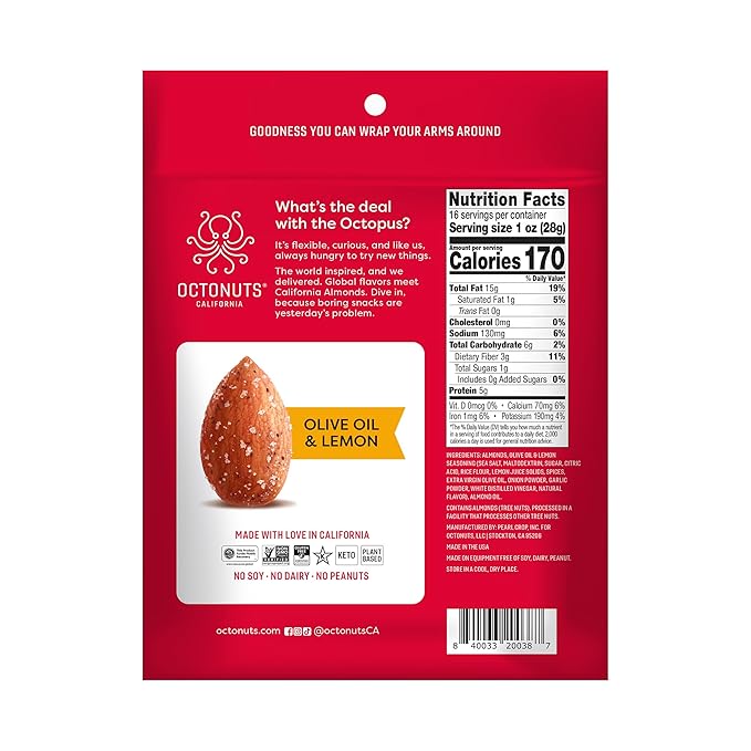 Octonuts Dry Roasted Olive Oil & Lemon Almonds (16oz) Healthy Snack for Adults and Kids - Plant Protein with Fiber, Calcium, and Iron - Low Carb, Low Calorie - Non-GMO and Gluten-Free