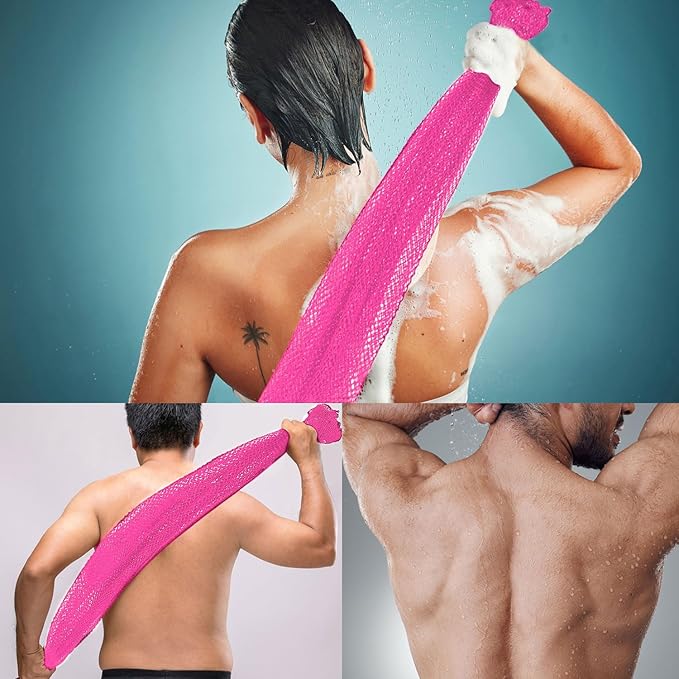 African Net Long Bath Net Sponge,JASSINS African Bathing Body Exfoliating Net Shower Body/ Back Scrubber Skin Smoother,Stretch Length to 66 INCH (Pink)