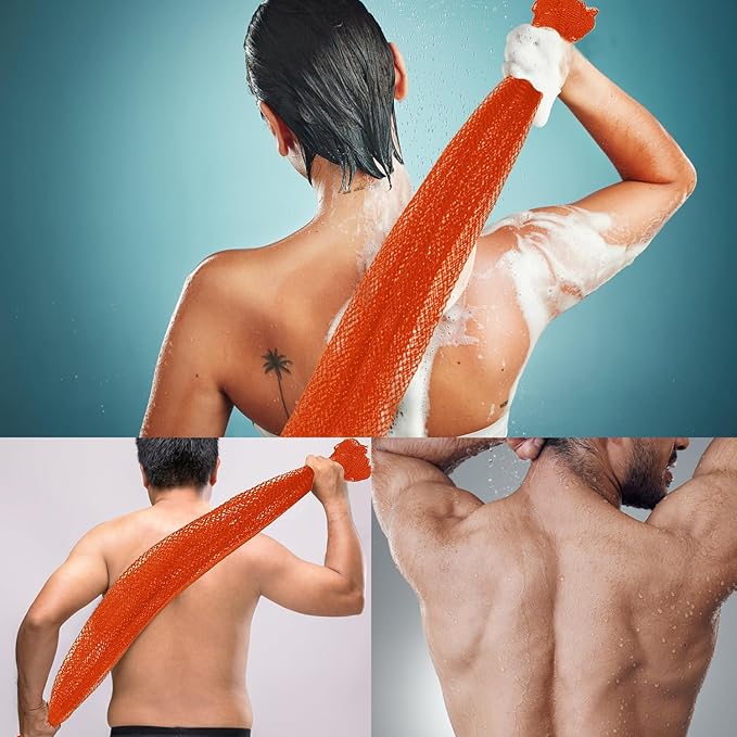African Net Long Bath Net Sponge,JASSINS Bathing Body Exfoliating Shower Body Back Scrubber Skin Smoother,Stretch Length to 66 INCH(Orange)