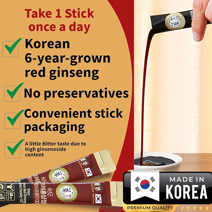 100 Pack of 0.53oz Korean Red Ginseng Extract Sticks - 6-Year-Old Ginseng for Optimal Benefits for You - Daily Upgrade - Perfect for Pre/Post Workout (100 Sticks of 0.53oz)