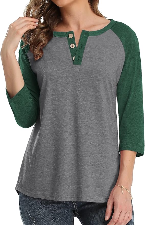3/4 Sleeve Shirts for Women Crewneck Button Down Tunic Tops Raglan T Shirt