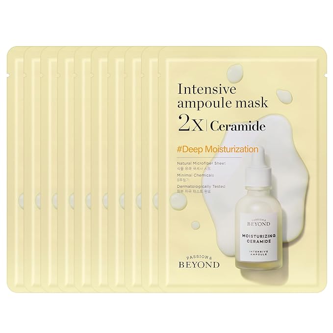 BEYOND Intensive Ampoule Mask 2X Ceramide for Hydrating and Moisturizing Care for Dry and Sensitive Skin - Hypoallergenic Facial Sheet Masks for Intensive Skin Hydration (25ml/0.85fl oz* 10 sheets)