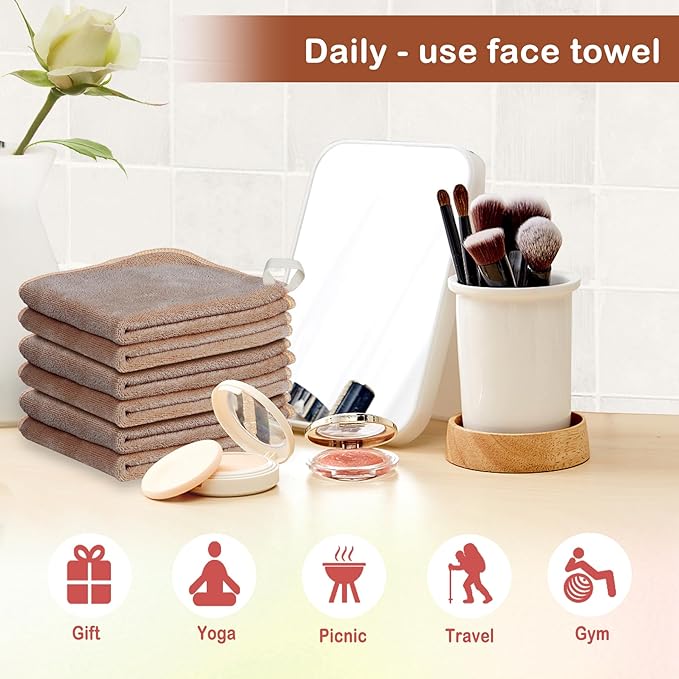 Makeup Remover Cloth 12 x 12 Inch, Reusable Makeup Remover Towels for Washing Face, 6 Pack Washable Microfiber Face Cloth Fast Drying Washcloth, Brown