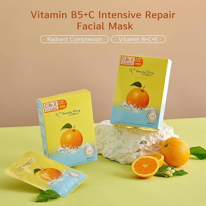 My Beauty Diary Vitamin B5+C Intensive Repair Mask, Glowing and Moisturizing Facial Mask, Restores Skin Radiance, Self Care Face Sheet Mask for Dull Skin and All Skin Types (8 pcs)