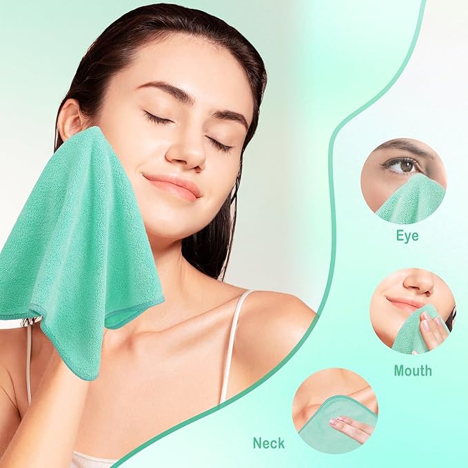 Makeup Remover Cloth 12 x 12 Inch, Reusable Makeup Remover Towels for Washing Face, 6 Pack Washable Microfiber Face Cloth Fast Drying Washcloth, Green