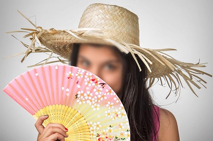 Amajiji 8.27"(21cm) Hand Held Bamboo Silk Folding Fan Hand Fan,Chinese/Japanese Charming Elegant Vintage Retro Style,Women Ladys Girls Best Gifts (Pink)
