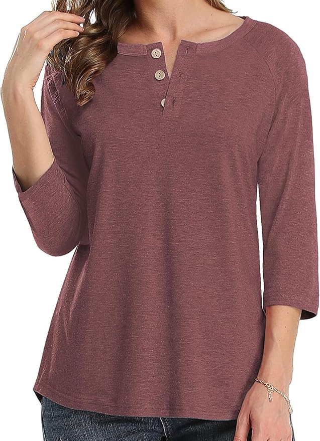3/4 Sleeve Shirts for Women Crewneck Button Down Tunic Tops Raglan T Shirt