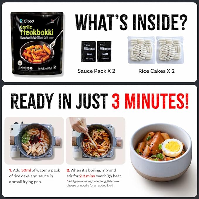 O’Food Tteokbokki Korean Rice Cakes – [Garlic | Pack of 1] – Gluten-Free (Except BBQ), Healthy/Savory/Bold/Fiery, 0 Cholesterol/ 0 Trans Fat/No MSG/No Corn Syrup, Spicy Street Snack, Ready in Minutes