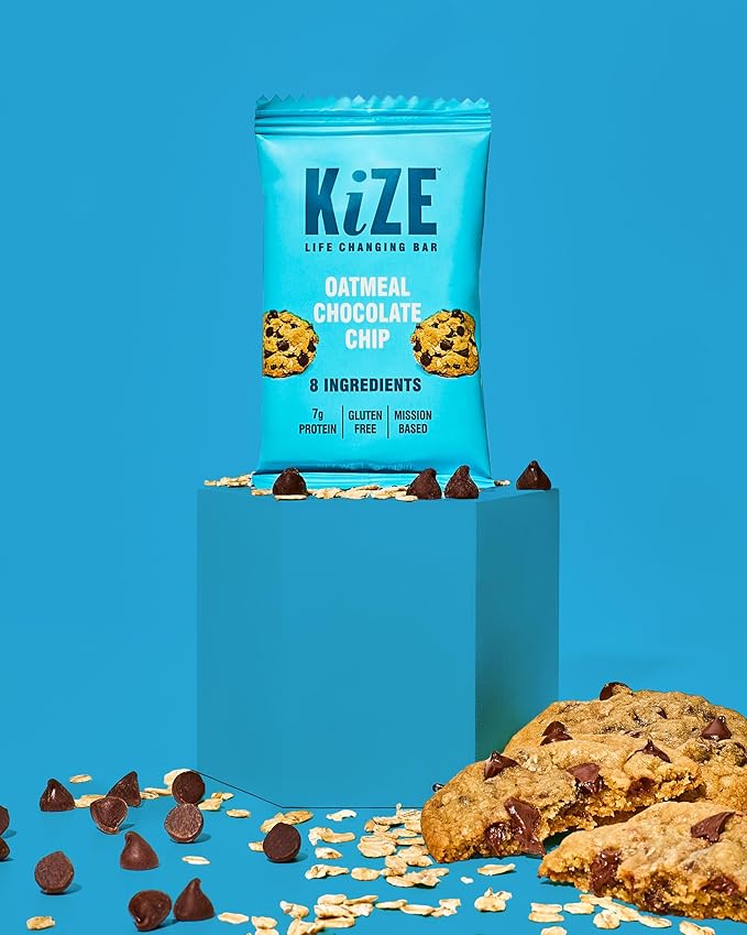 KiZE Energy Bars - Gluten Free, Dairy Free, Non-GMO, and High Protein Meal Replacement Energy Bars, Meal Bar, Clean and Simple Food Ingredients - Oatmeal Chocolate Chip, 7g High Protein Snacks, (30 Count)