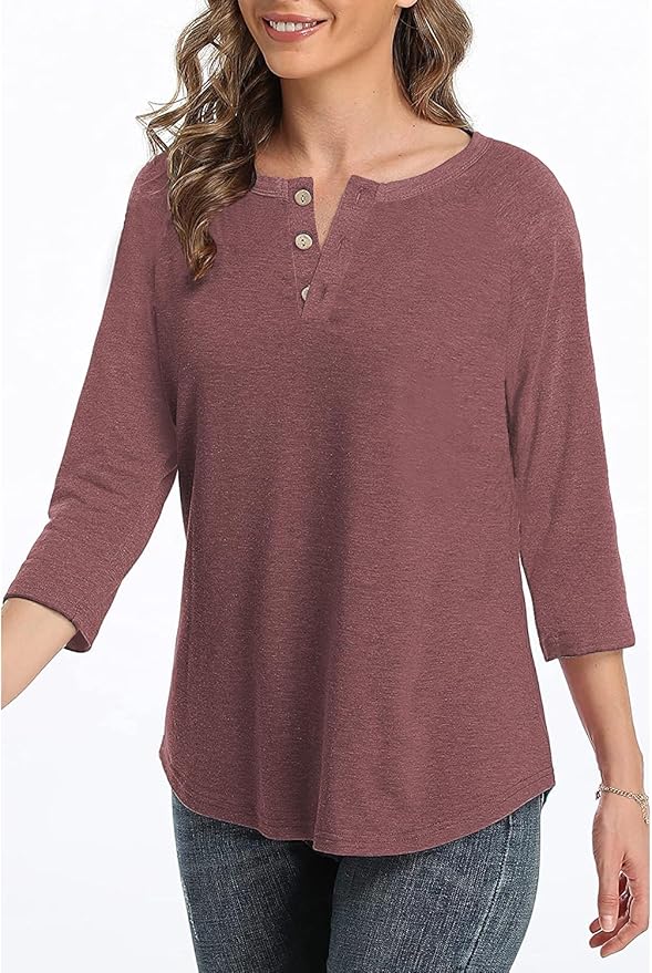 3/4 Sleeve Shirts for Women Crewneck Button Down Tunic Tops Raglan T Shirt