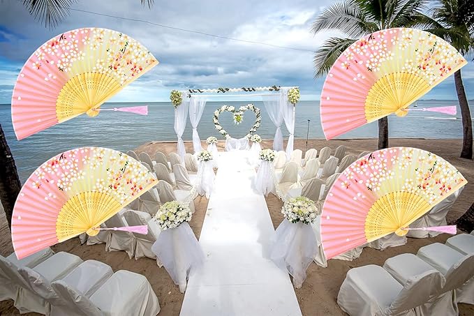 Amajiji 8.27"(21cm) Hand Held Bamboo Silk Folding Fan Hand Fan,Chinese/Japanese Charming Elegant Vintage Retro Style,Women Ladys Girls Best Gifts (Pink)