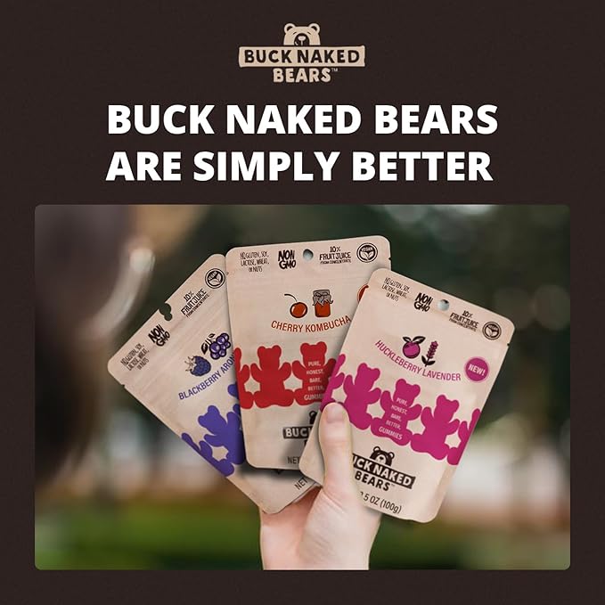 Buck Naked Bears - Gummy Candy 3-Pack - Cherry Kombucha & Huckleberry Lavender - Soft, Smooth, Fruity Snack - 3.5oz Each