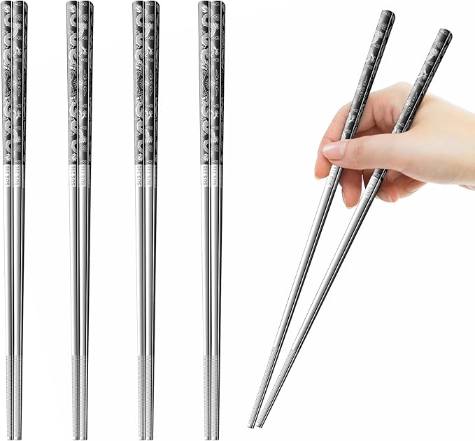 5 Pairs Dragon Chopsticks Set Black Stainless Steel 316 Kitchen Dinning Utensils Reusable Japanese Korean Chinese Dishwasher Safe Non-Slip Chop Sticks Tableware Gift 9.26"