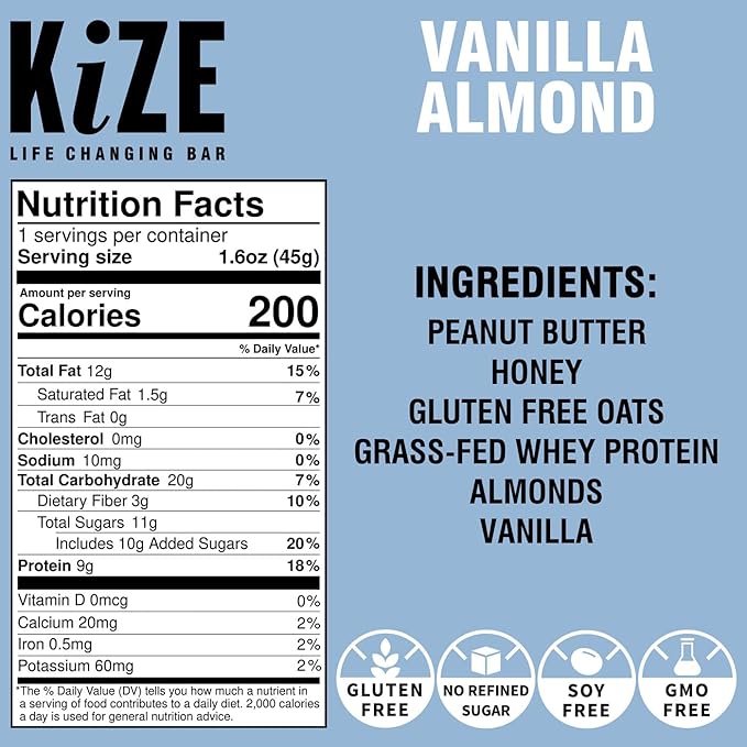 KiZE Energy Bars - Gluten Free, Dairy Free, Non-GMO, and High Protein Meal Replacement Energy Bars, Meal Bar, Clean and Simple Food Ingredients - Vanilla Almond, 9g High Protein Snacks, (20 Count)