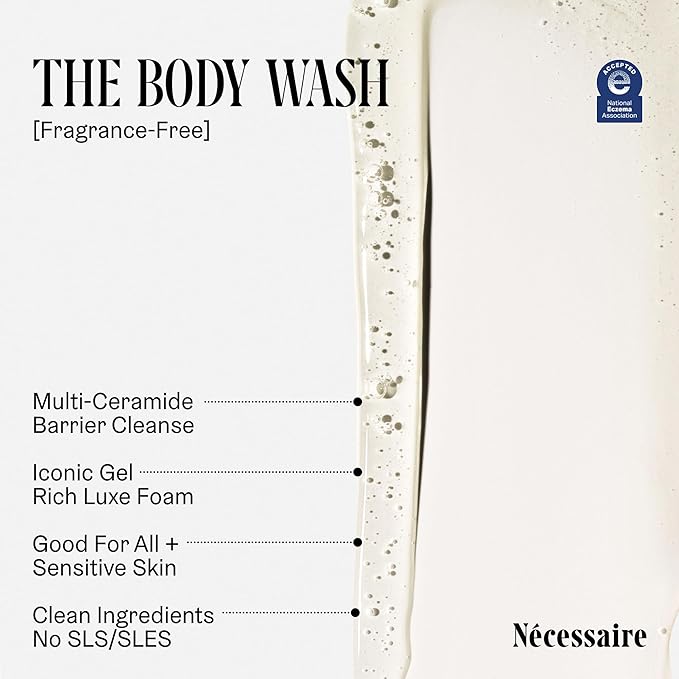 Nécessaire The Body Wash Fragrance-Free. Natural Body Wash for Women + Men. Barrier Cleanse. Multi-Ceramide Gel Cleanser, 16.9 Fl Oz.