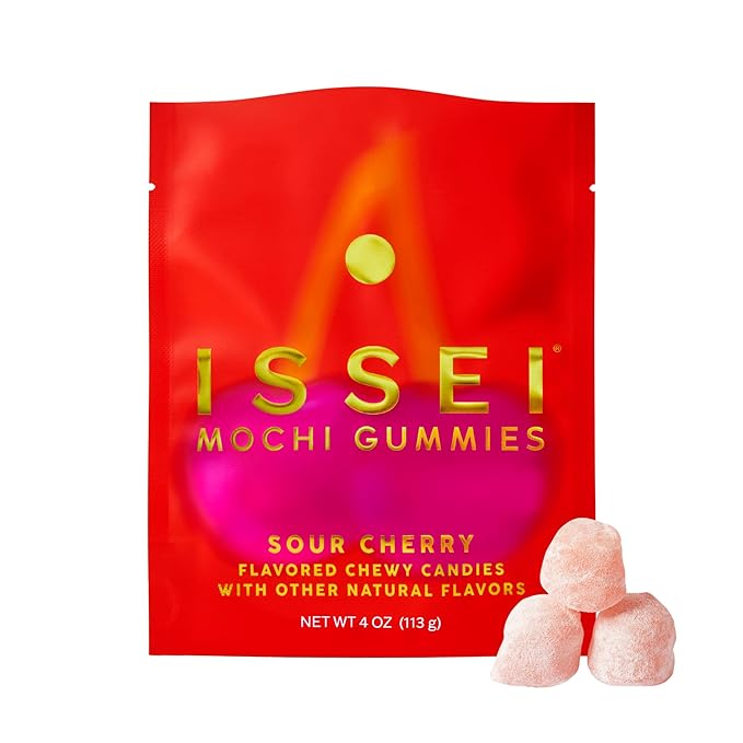 ISSEI Sour Cherry Mochi Gummies | Dye-Free Candy | Gluten-Free | Real Sugar, No Artificial Flavors or Colors | Award-Winning Japanese Candy | 4 Oz 1-Pack
