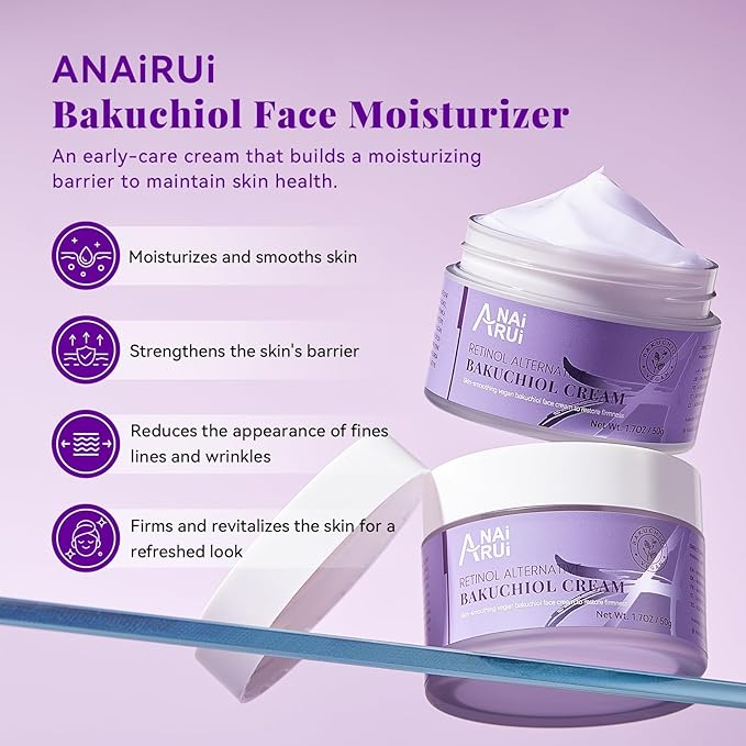 ANAI RUI Bakuchiol Face Cream for Women - Natural Retinol Alternative Anti Aging Moisturizer with Squalane & Collagen, Hydrating Wrinkle Cream for Day&Night Use 1.7 Oz