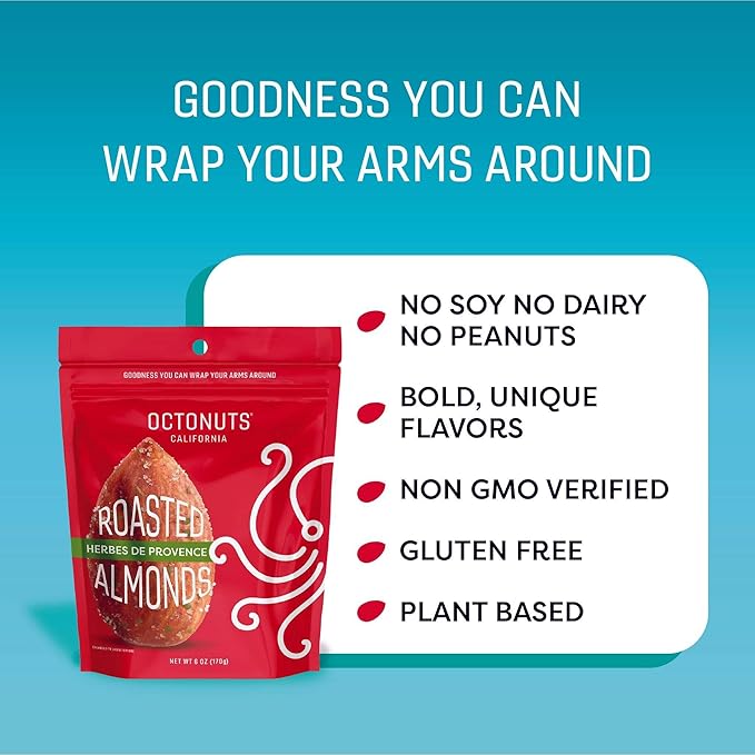 Octonuts Herbes de Provence Almonds 16oz – Dry Roasted California Nuts – French-Inspired Savory Blend – Keto & Paleo Friendly Snack with 6g Protein, 3g Fiber – Low Carb, Gluten-Free, Non-GMO – Resealable Bag