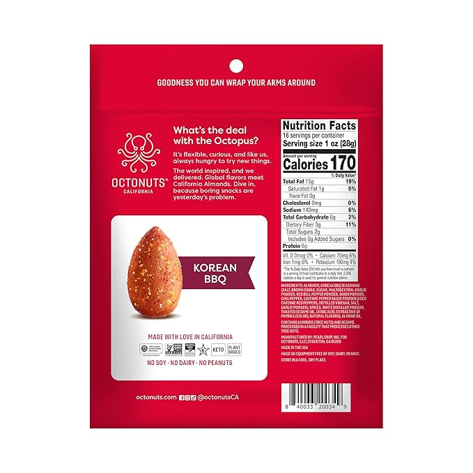 Octonuts Dry Roasted Korean BBQ Almonds (16oz) Healthy Snack for Adults and Kids - Plant Protein with Fiber, Calcium, and Iron - Low Carb, Low Calorie - Non-GMO and Gluten-Free