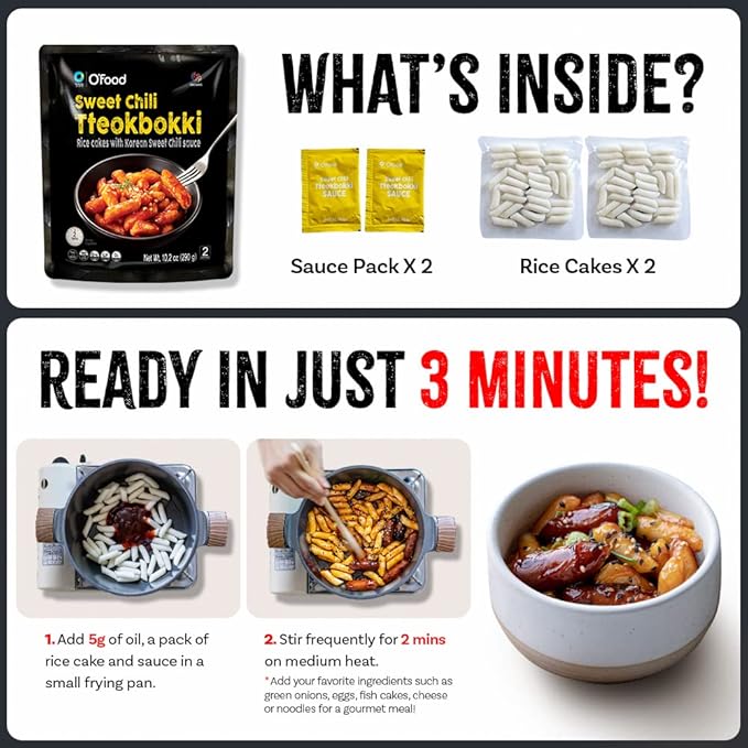 O’Food Tteokbokki Korean Rice Cakes – [Sweet Chili | Pack of 2] – Gluten-Free (Except BBQ), Healthy/ Savory/ Bold/ Fiery, 0 Cholesterol/ 0 Trans Fat/ No MSG/ No Corn Syrup, Spicy Street Snack, Ready in Minutes