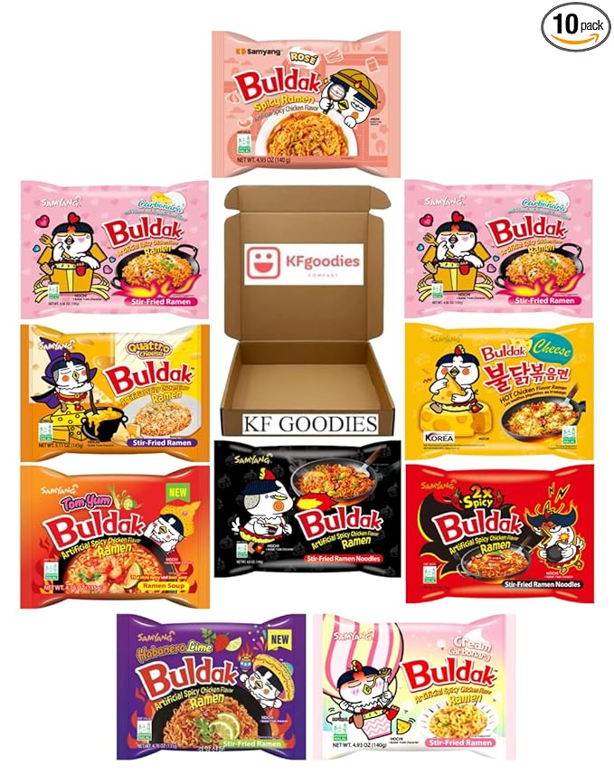 Samyang Buldak Hot Spicy Chicken Ramen Noodle Korean Stir-Fried Ramen (10 Pack, 2X Spicy, Carbonara (2), Cheese, Cream Carbonara, Habanero Lime, Original, Quattro Cheese, Rose, Tom Yum)
