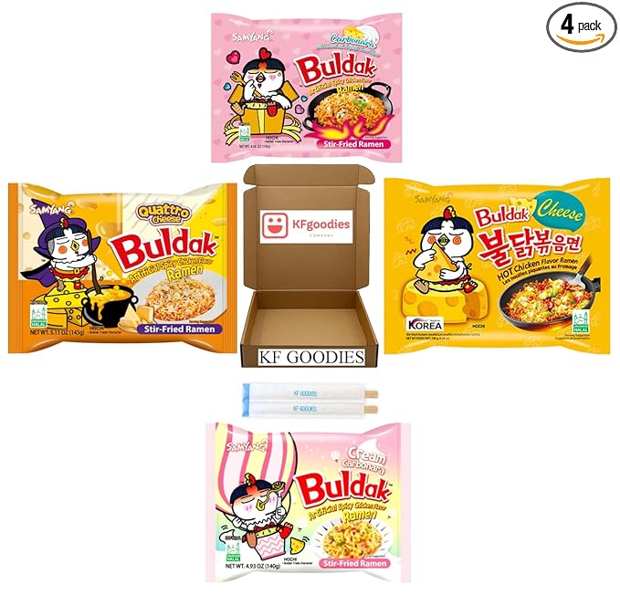 Samyang Buldak Hot Spicy Chicken Ramen Noodle Korean Stir-Fried Ramen (4 Pack, Carbonara, Cream Carbonara, Quattro Cheese, Cheese)