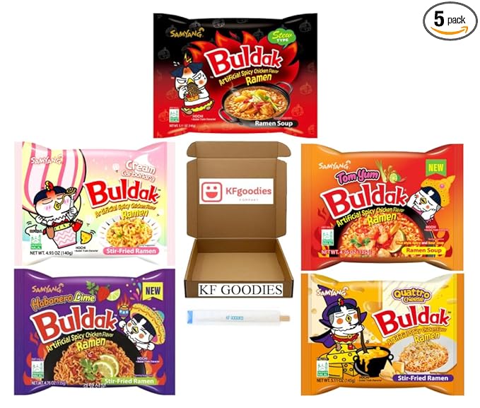 Samyang Buldak Hot Spicy Chicken Ramen Noodle Korean Stir-Fried Ramen (5 Pack, Cream Carbonara, Habanero Lime, Quattro Cheese, Stew, Tom Yum)