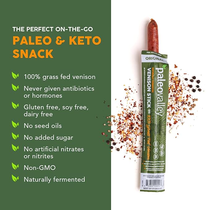Paleovalley 100% Grass Fed Venison Sticks – 10 Pack – Keto-Friendly, High Protein, Low-Calorie Snack – Omega-3 Rich, Gluten-Free, Nitrate-Free, Naturally Flavored – Healthy On-the-Go Meat Snack