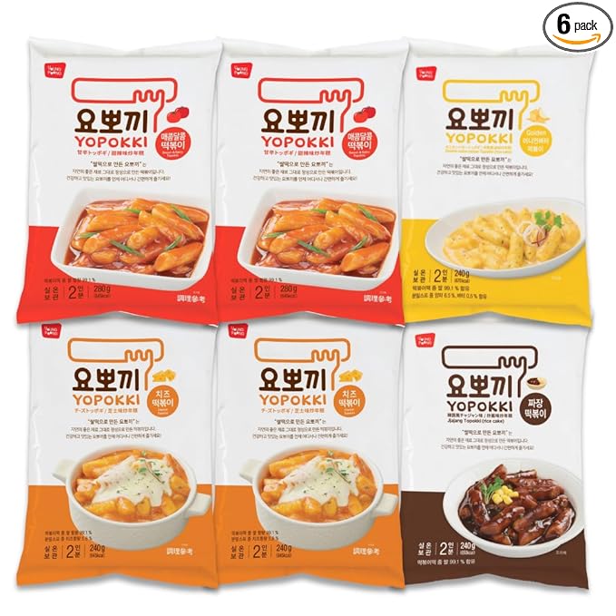 Yopokki Instant Tteokbokki Pack Set (6 Packs - 2 Sweet Mild Spicy, 2 Cheese, 1 Onion Butter, 1 Jjajang) Korean Street Food with Various Flavored Sauces - Quick & Easy to Prepare